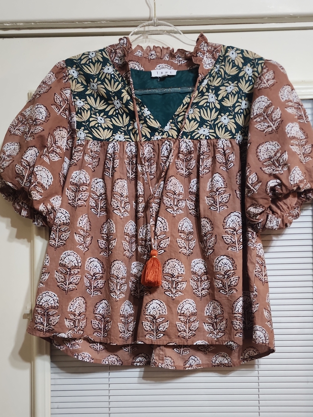 THML Mauve Floral Puff-Sleeve Peasant Top with Green Yoke